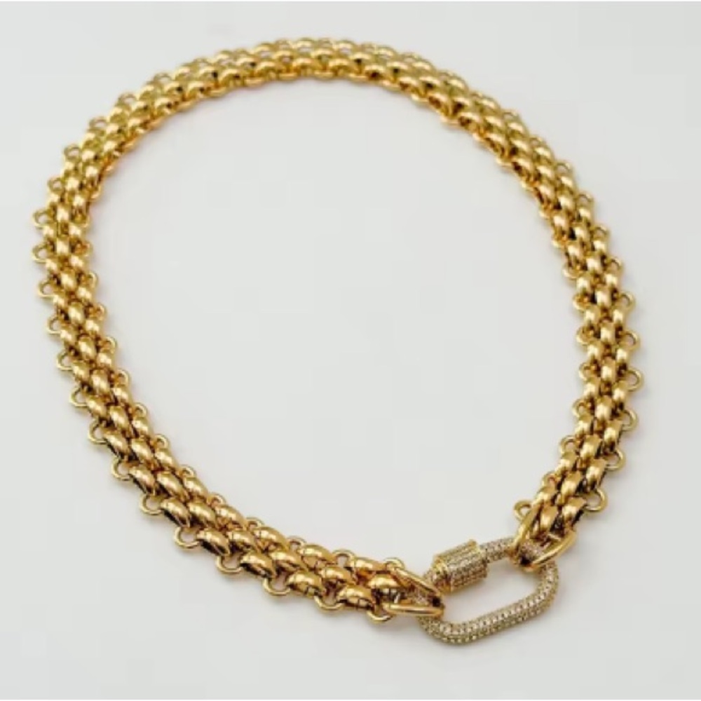 Charm Necklace Caribeaner Clasp. Zircon Studded Necklace. 18k gold plated